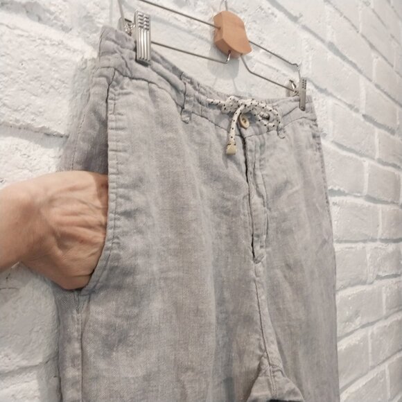 Zara 100% Linen Pants Mens M 32 x 27 Gray Light Blue Drawstring Casual Pull On. - Picture 2 of 12